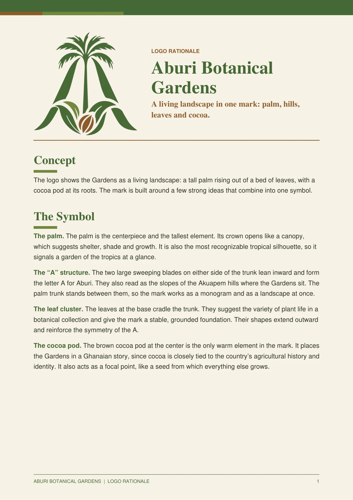 Aburi Botanical Gardens logo rationale cover with a palm, hills and cocoa pod mark on cream paper.