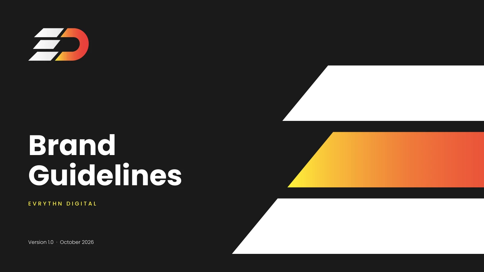 Evrythn Digital brand guidelines cover with the white E and flame-gradient D mark on a dark background.