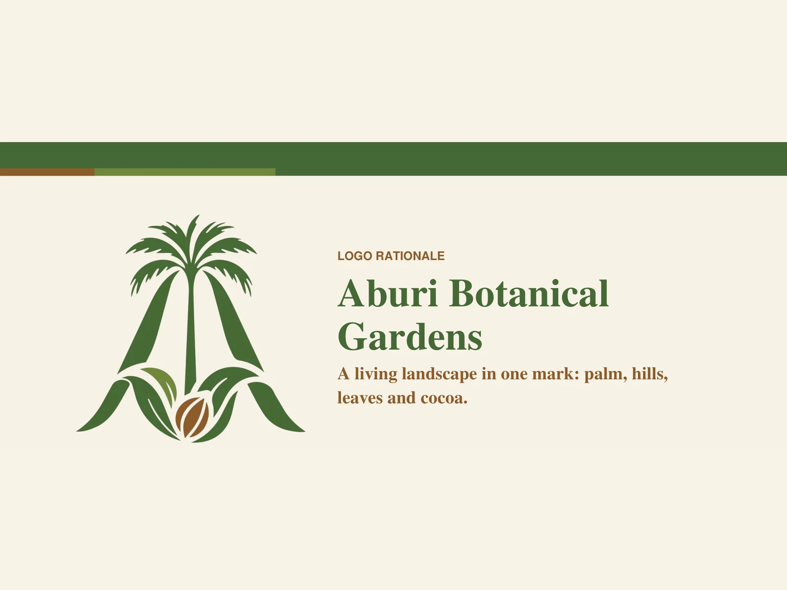 Aburi Botanical Gardens logo rationale cover with a palm, hills and cocoa pod mark on cream paper.