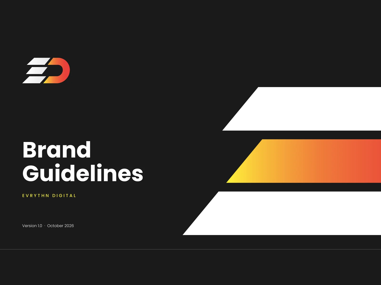 Evrythn Digital brand guidelines cover with a white E and flame-gradient D on a dark background.