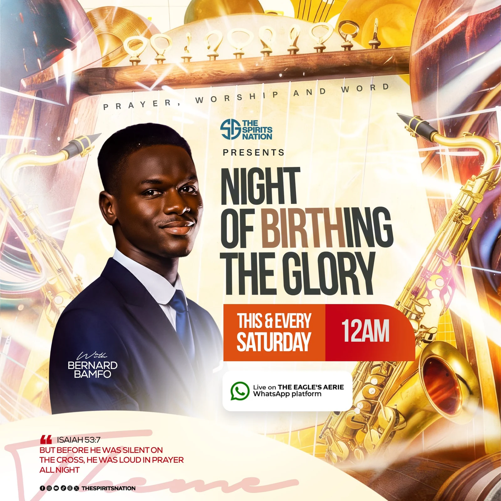 Night of Birthing the Glory flyer with Bernard Bamfo, gold saxophones and a cream background.