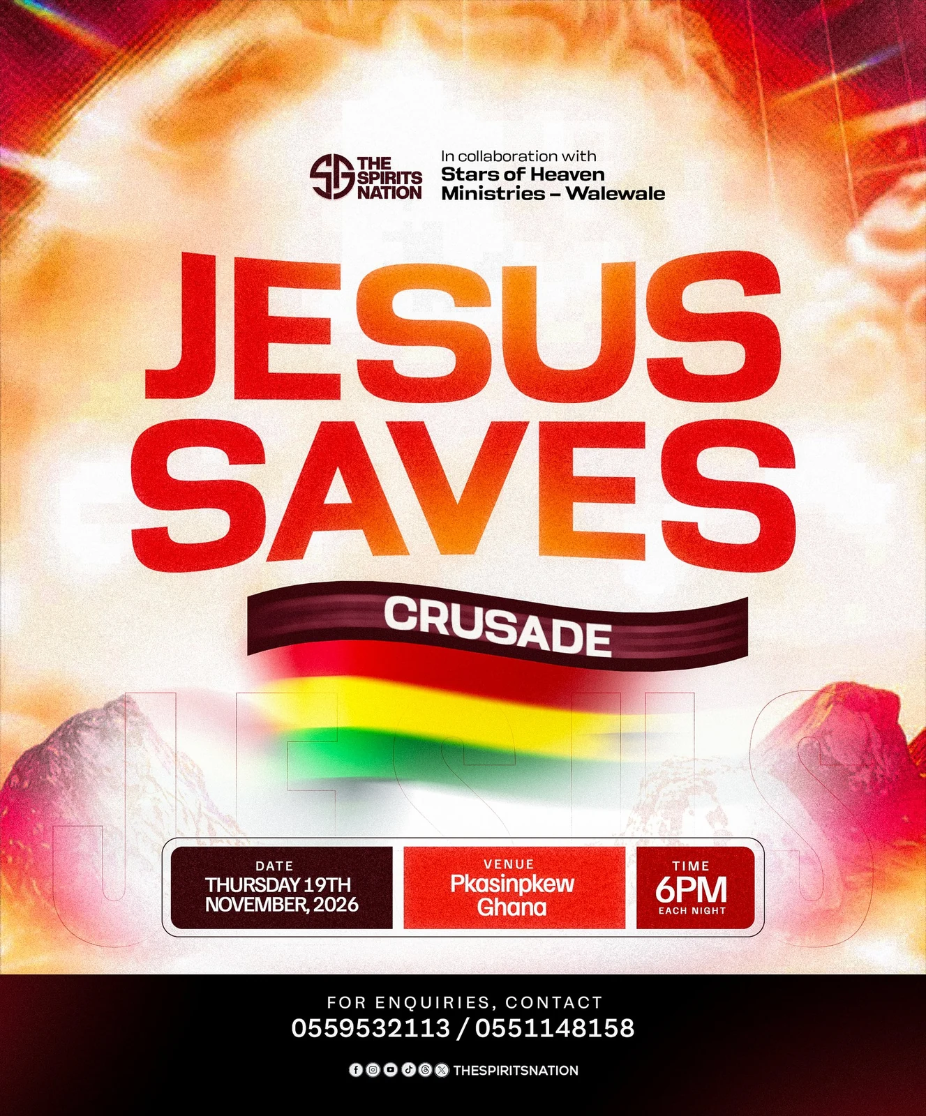 Jesus Saves Crusade flyer with a red-to-gold gradient, sunburst background and event details.
