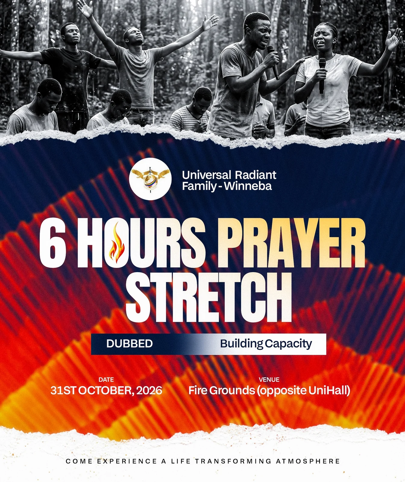 URF Winneba 6 Hours Prayer Stretch flyer with a black-and-white prayer photograph, navy and red rays.