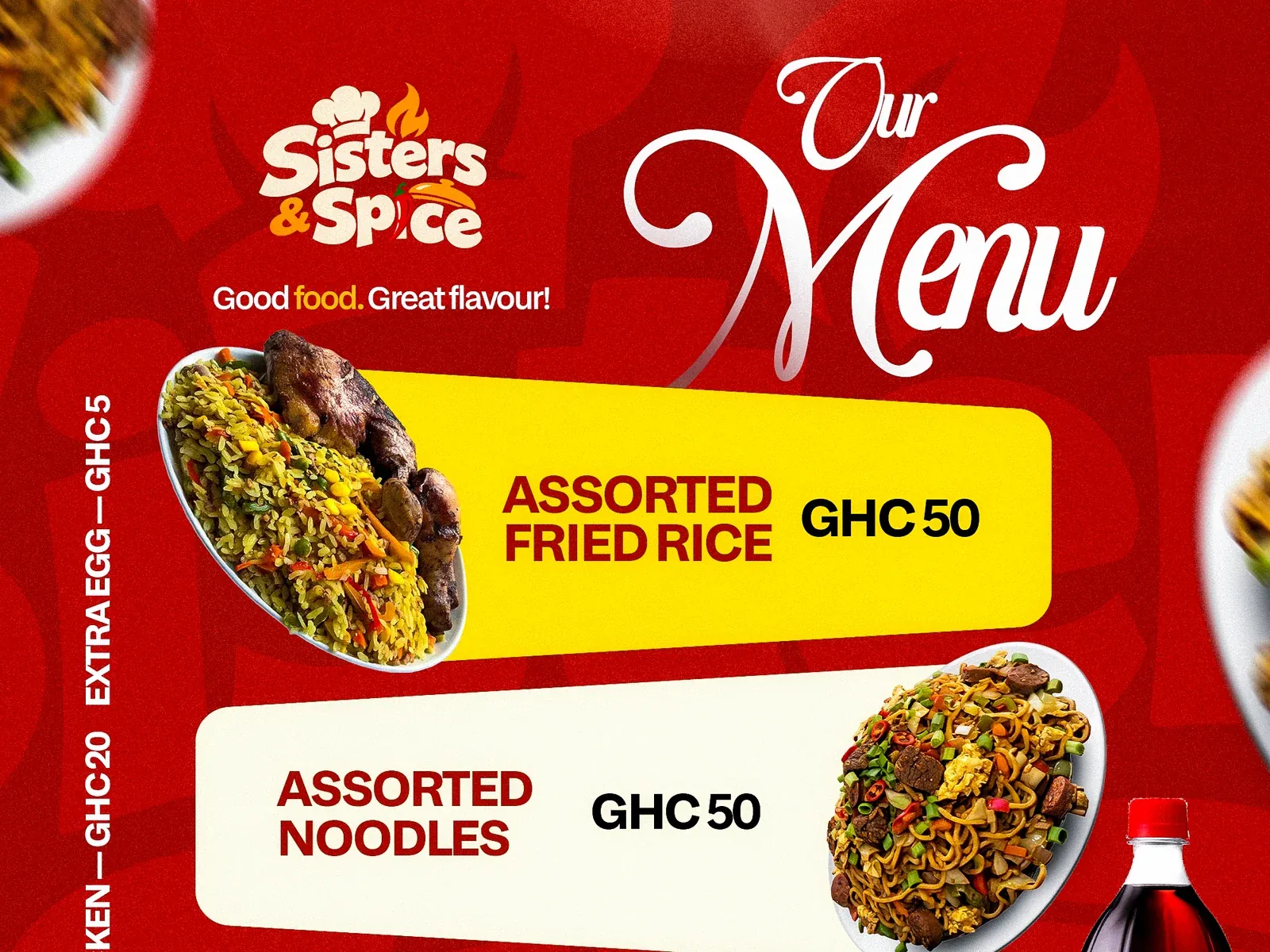 Sisters & Spice menu poster with fried rice, noodles and tilapia on a bold red and yellow background.
